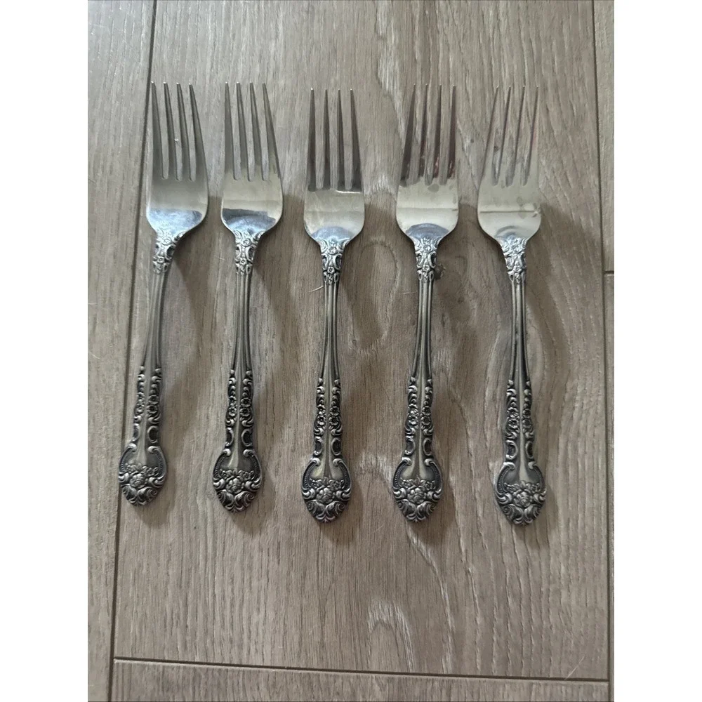 National‎ SONORA Salad Fork Stainless NS Japan Floral Glossy Silverware Lot of 5